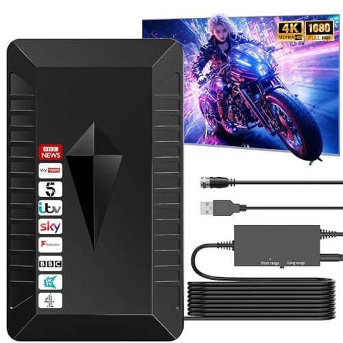 Antenna TV Interna Amplificata Potente e Portatile,650KM+ Antenna Digitale Terrestre da Interno/Esterna Amplificata Potente Supporto 4K 1080p DVB-T/DVB-T2 VHF UHF, Cavo Coassiale 10M