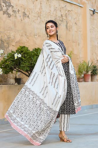Image of Vaamsi Women's Pure Cotton Floral Block Printed Straight Kurta Pant With Dupatta | kurta sets for woman