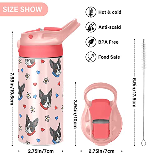 Alaza Dog Floral Hearts Kids Water Bottles With Lids Straw Insulated Stainless Steel Water Bottles Double Walled Leakproof Tumbler Travel Cup For Girls Boys Toddlers 12 Oz,Pink #TOP2