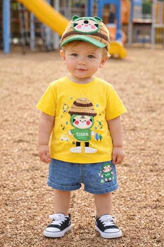 Image of Bold N Elegant Kids Half Sleeve 3D Cartoon Tiger Cotton T-Shirt with Denim Shorts Summer CLothing Set for Infant Toddler Preschool Boys n Girls | Cook Outfit For Kids