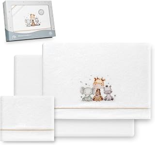Interbaby - Bettwäsche-Set für Kinderbett, 60 x 120 cm, 100% Polyester, warm, inklusive Spannbettlaken, Bettbezug und Kissenbezug, ideal für den Winter, Giraffe Elefant Weiß/Beige