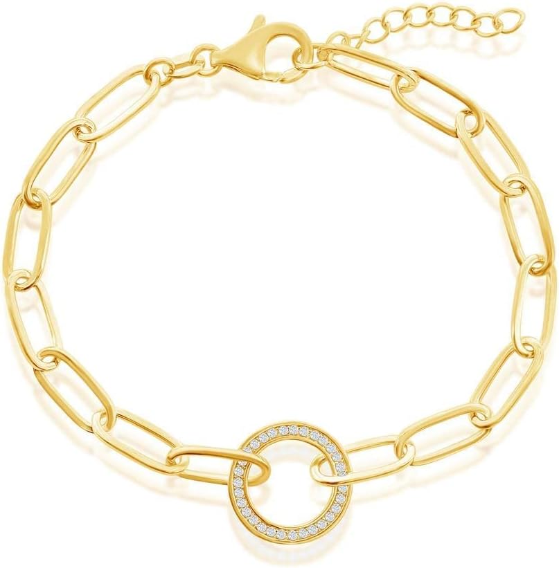 Circle of Life with Simulated Diamond CZ Paperclip Link Chain Design 7+1” Bracelet | Gold Plated Sterling Silver Jewelry for Women or Teens - Image 2