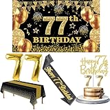 77th Birthday Decorations Men Women with 77th Birthday Banner, Black and Gold Table Cloth, Number Balloons, Sash, Cake Topper and Candles