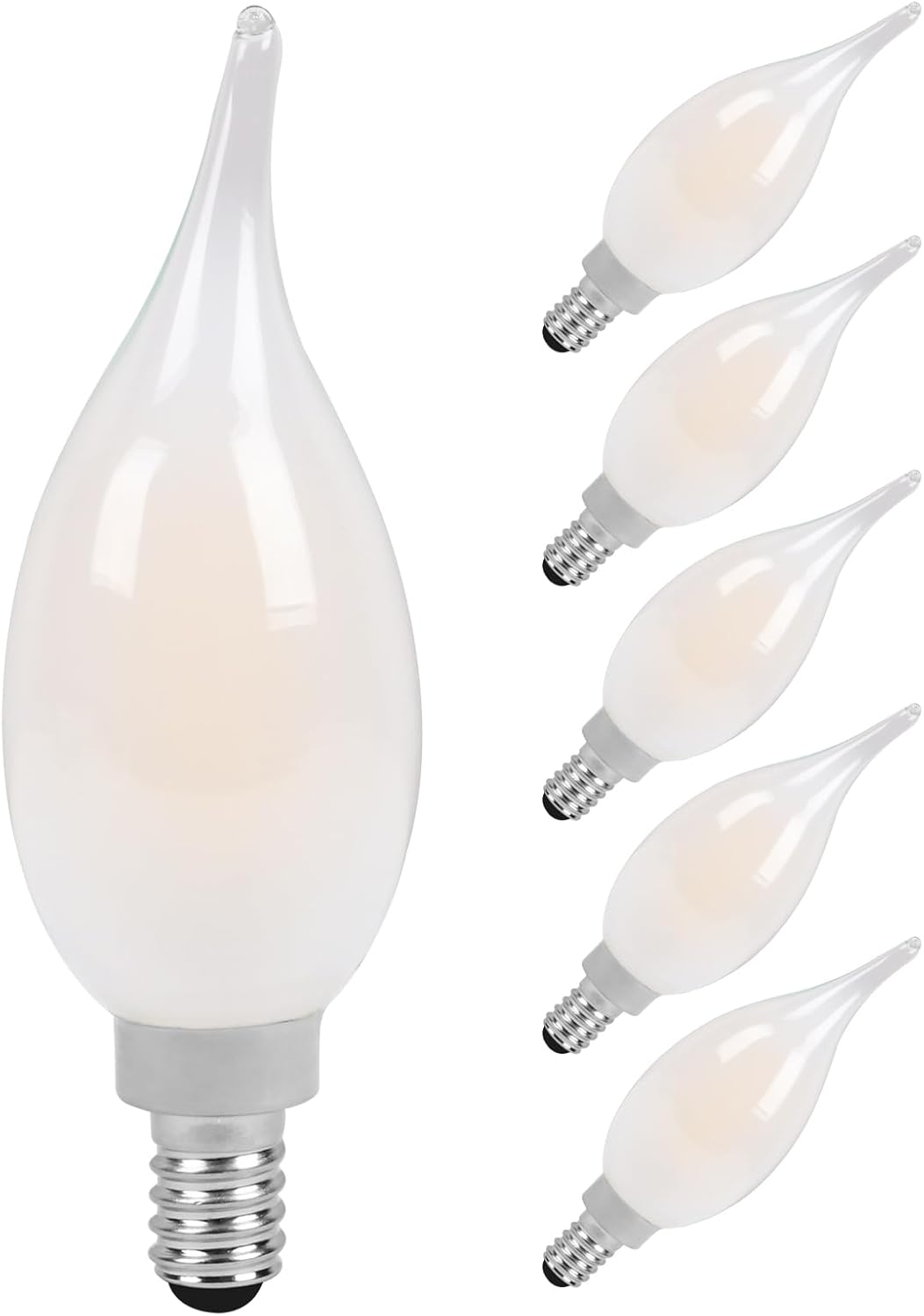 FELCO Dimmable Led Chandelier Light Bulbs, E12 Candelabra Bulb 60 Watt Equivalent, 5.5W Frosted CA11 Led Filament Candle Lights for Chandeliers, 500LM Bright, 2700K, CRI90, 6Pack