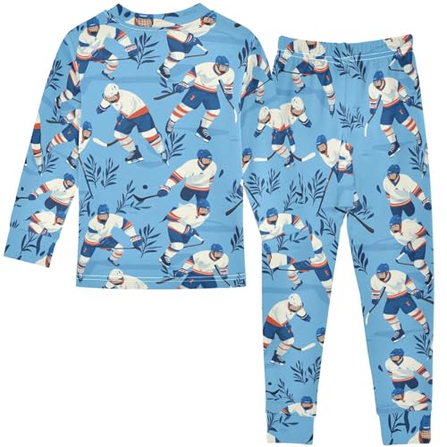 Pigsaly Pajama Set 2 Piece Hockey Player Leaf Blue Pajama Sets Long Sleeve Pjs Sleepwear 4T2