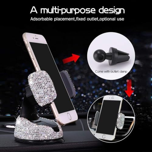 Dashboard Phone Holder Bling Phone Mount for Car,Car phone holder Mount with One More Air Vent Base,Phone Holder Car Accessories,Universal Car Phone Holder Mount for Windshield and Air Vent,Silver - image 2
