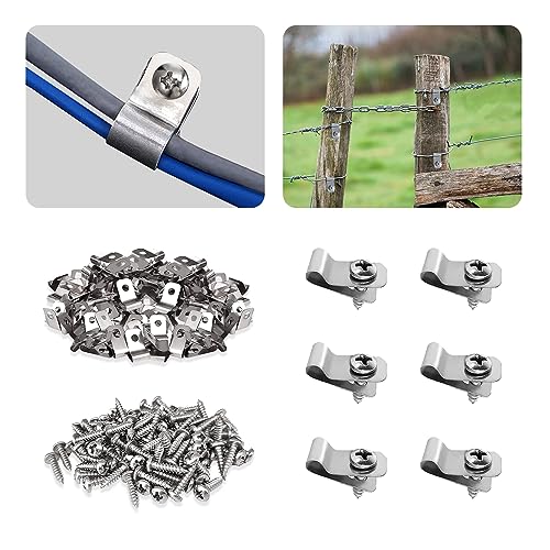 iHYTOON 100 Pcs Wired Fence Clamps Agricultural Wire Fence Clips with 100 Pcs Stainless Steel Screws Wire Cord Clamp for 12-16 Gauge Welded Wire to Wood Vinyl or Metal Fence or Christmas Tree (100)