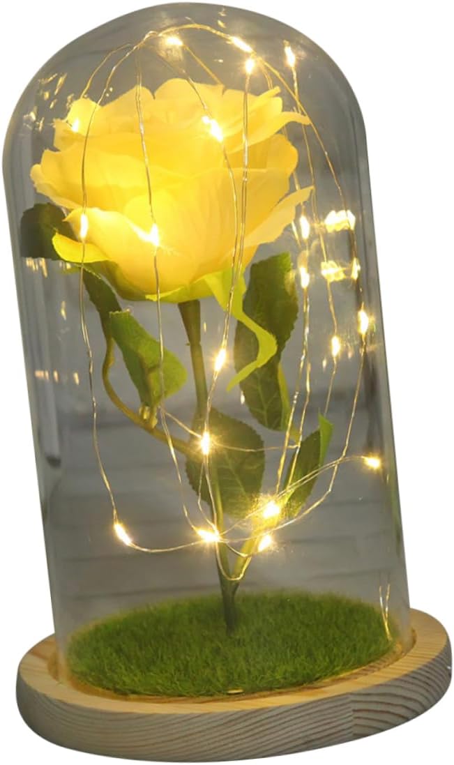 LED Dome Glass Preserved Rose Light Romantic Yellow Flower Lamp for Valentine Day Unique Home Decoration for Couples No Fade Lasting Beauty