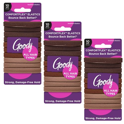Goody ComfortFlex Seamless Brown Hair Elastics for All Hair Types, No Slip Grip Ouchless Ties with All Day, Gentle Hold, Ponytail Holders for Damage-Free Styling, 10 Count (Pack of 3)