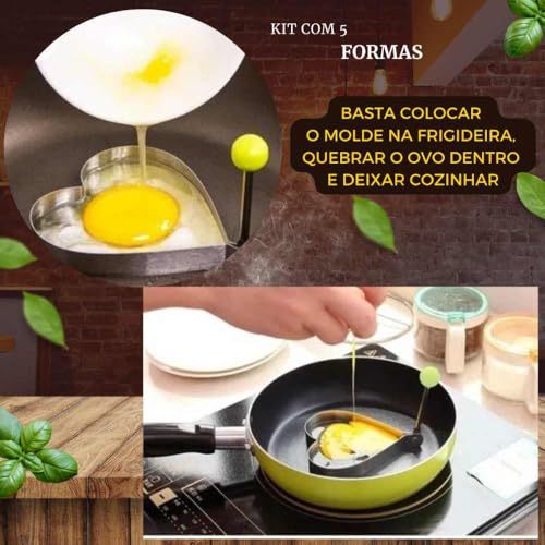 Kit 5 Moldes de Aço Inoxidável para Ovos, Panquecas, Tapiocas e Biscoitos, Formatos Coração, Estrela