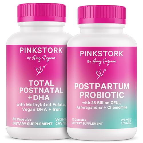 Image of Pink Stork Postnatal Multivitamin + Probiotics with Vegan DHA, Ashwagandha, Iron, Folate, B12 - Supports Hormone Balance, Postpartum Recovery, Gut Health, & Digestion - Pack of 2