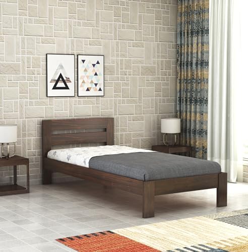 Image of BM WOOD FURNITURE Wooden Single Size Bed Without Storage | Single Cot with Upholstered Cushion Headboard for Hotel & Guest Room | Solid Wood Sheesham, Walnut Finish