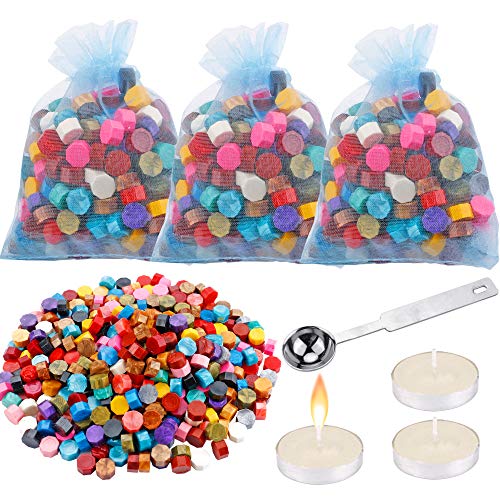 Augshy 300 Pcs Octagon Sealing Wax Beads with Stamps Seal Sealing Wax Melting Spoon and Sealing Wax Sticks Candles for Sealing Wax Stamp，22 Colors