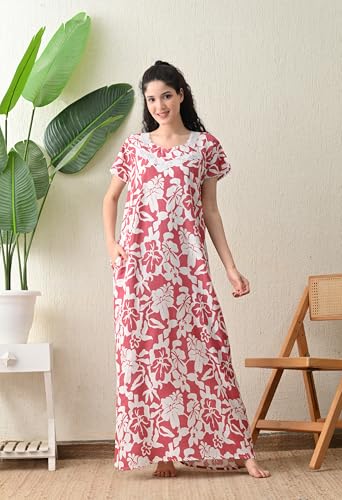Image of Ichaa Women's Rayon Printed Round-Neck Nighty with Pocket, in Plus Sizes