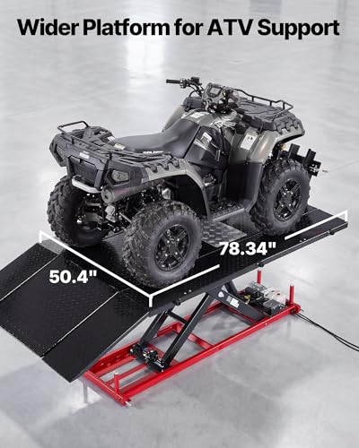 Image of VEVOR Motorcycle Lift Table, 1500 lbs Capacity, Electric Hydraulic Pump with Scissor Lift Jack, Wheel Chock, 9.05 inch-41.73 inch Height, 78.3 inch x 50.4 inch Extra-Wide Heavy Duty Repair Stand for ATV, Dirt Bike