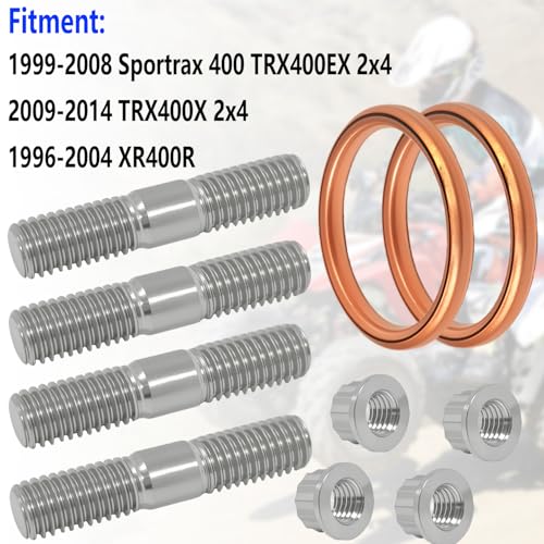 Image of Titanium Studs Head Bolt & Gaskets for TRX400X XR400R TRX400EX | 90301-HM8-000, 18291-MN5-650, Sportrax 400, 400ex 2x4 studs Nuts