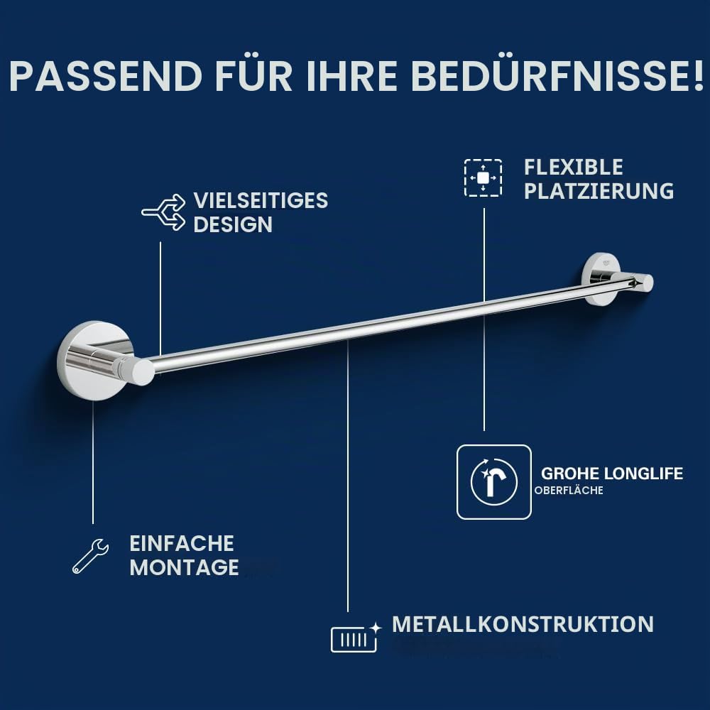 GROHE Essentials - Badetuchhalter (Material: Metall, 600mm, zum bohren oder kleben), chrom, 40366001