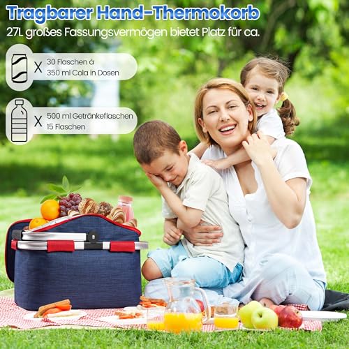 Faltbarer Einkaufskorb Kühltasche 27L - Ideal für den Wocheneinkauf mit gepolsterten Tragegriffen & Reißverschluss am Deckel, leicht klappbar & kompakt, 10kg belastbar, Faltkorb als Picknickkorb