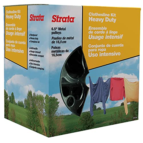 Strata Clothesline Outdoor Heavy Duty Kit - 150 Feet Galvanized Wire Gold Pvc Coating, 6.5" Clothesline Pulley 2Pcs, Metal Mini Winch Tightener 1Pc, Plastic Spreader / Spacer 1Pc & 2 Metal Hooks #TOP26