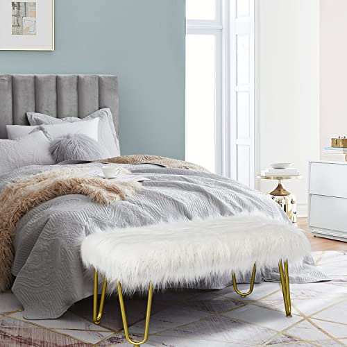Ivane White Faux Fur Plush Bench With Modern Brushed Gold Hairpin Metal Legs, Fluffy Upholstery Stool For Entryway, Living Room, Dining Room, Bedroom And Cloakroom Vanity Chair #TOP3