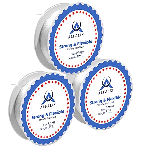 Pack of 3 Clear Elastic for Bracelet Making Invisible Elastic String Durable & Transparent Elastic Thread Bracelet elastic for Jewellery making Beading & DIY Craft Projects (1mm/5m+0.8mm/8m+0.7mm/11m)