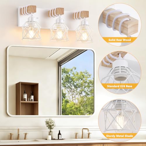 Image of FadimiKoo 3-Light Farmhouse White Bathroom Vanity Light Fixtures, Rustic Wood Vanity Lights for Bathroom, Modern Bath Sconces Wall Lighting with Elegant Metal Shade for Mirror, Living Room, Bedroom