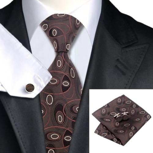 Allan Collection :New Classic 100% Silk Necktie, Handkerchief and Cufflinks Set - Coffee Bean