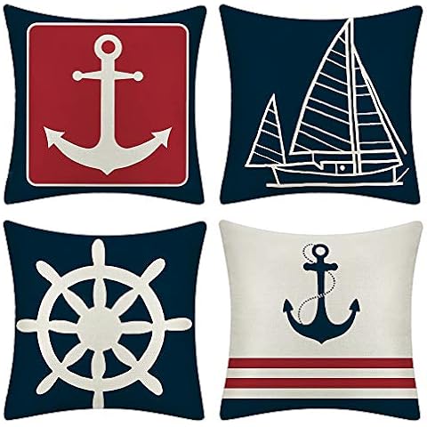 JOTOM Set of 4 Decorative Cushion Covers Square Nautical Sailing Throw Pillow Covers Home Decor Design Set Covers Cushion Case for Sofa Bedroom Car 18x18 Inches (Anchor) Cover