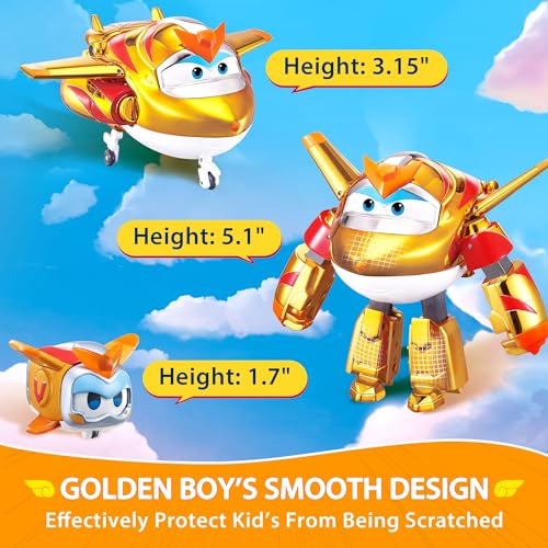 Super Wings 5" Transforming 2-Pack Supercharged Golden Boy & Super Pet with Light Effect, Season 7 Airplane to Robot Transformable Toys, Preschool Birthday Gifts for Kids 3+