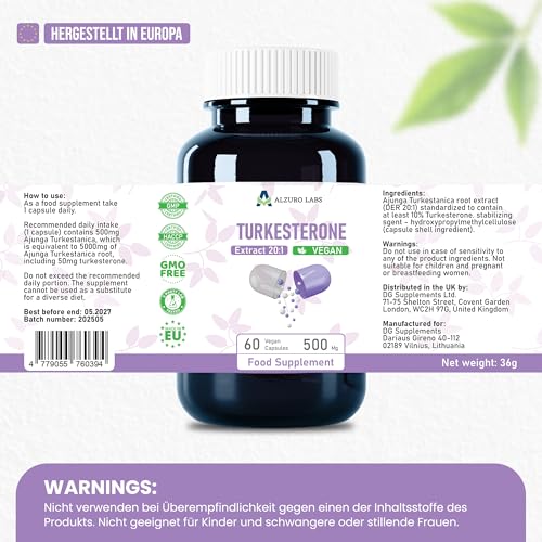 Alzuro Labs Turkesteron 10,000 mg | 20:1 Extrakt (500 mg) | 60 vegane Kapseln | Hohe Stärke | Von einem unabhängigen Labor getestet | GMP