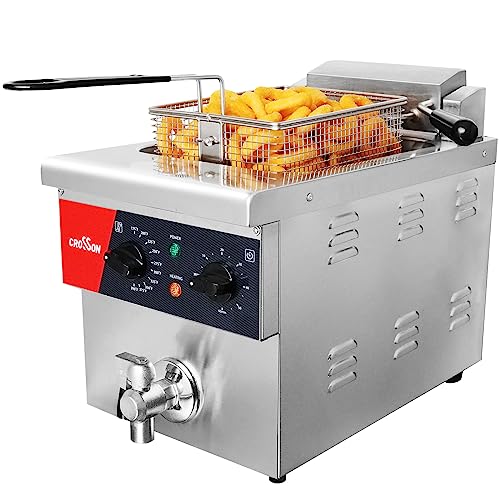CROSSON 8L Countertop Electric Deep Fryer with Draining Valve,Solid Basket and Lid for Restaurant Use 120V,1800W Stainless Steel Commercial Deep Fryer