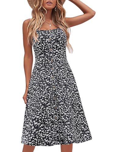 Berydress Women's Casual Beach Summer Dresses 2025 Solid Cotton Flattering A-Line Spaghetti Strap Button Down Midi Sundress