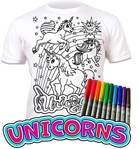 Splat Planet Colour-in Unicorn T-Shirt with 10 Non-Toxic Washable Magic Pens - Colour-in and Wash Out T-Shirt (Age 3-4) White - Image 2