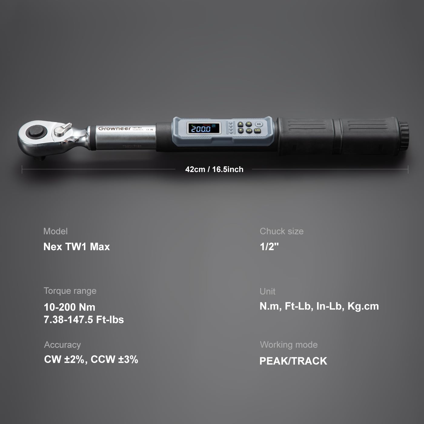 GROWNEER Digital Torque Wrench with dimensions and key specifications