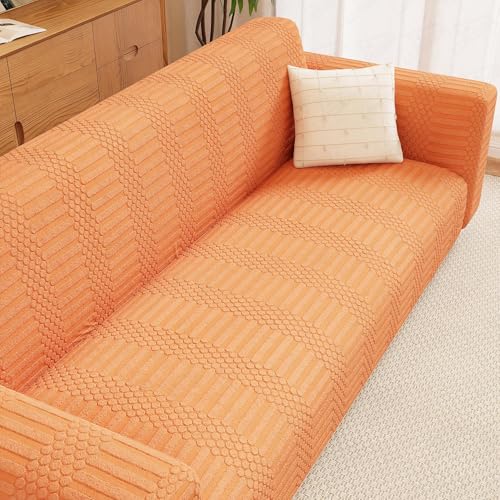 Image of Lukzer 2 Seater Pastel Orange Dotted Stripe Pattern Sofa Cover | 240 GSM Universal Stretch Fit Jacquard Fabric Couch Protector | Fully Covered Anti Slip & Washable Sofa Cover (SC-069-02 /140-180cm)