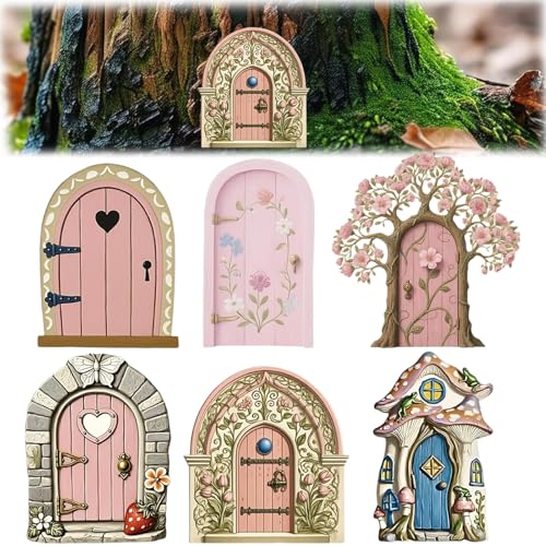 6 Stück Garten Feentür Feenhaus Feentür Dekoration Baum Dekoration Miniatur Fee Garten Dekoration Traumhafte Holztüren Märchenhafte Holztüren für Bäume Terrasse Rasen Ornament
