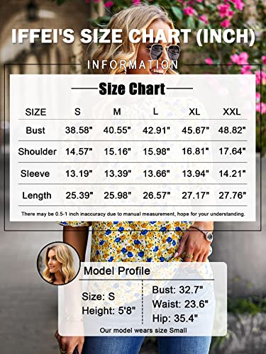 Iffei Women's 2023 Summer Boho Floral Tops Ruffle Mock Neck Half Sleeve Casual T-Shirts Loose Fit Blouses L Yellow #TOP6