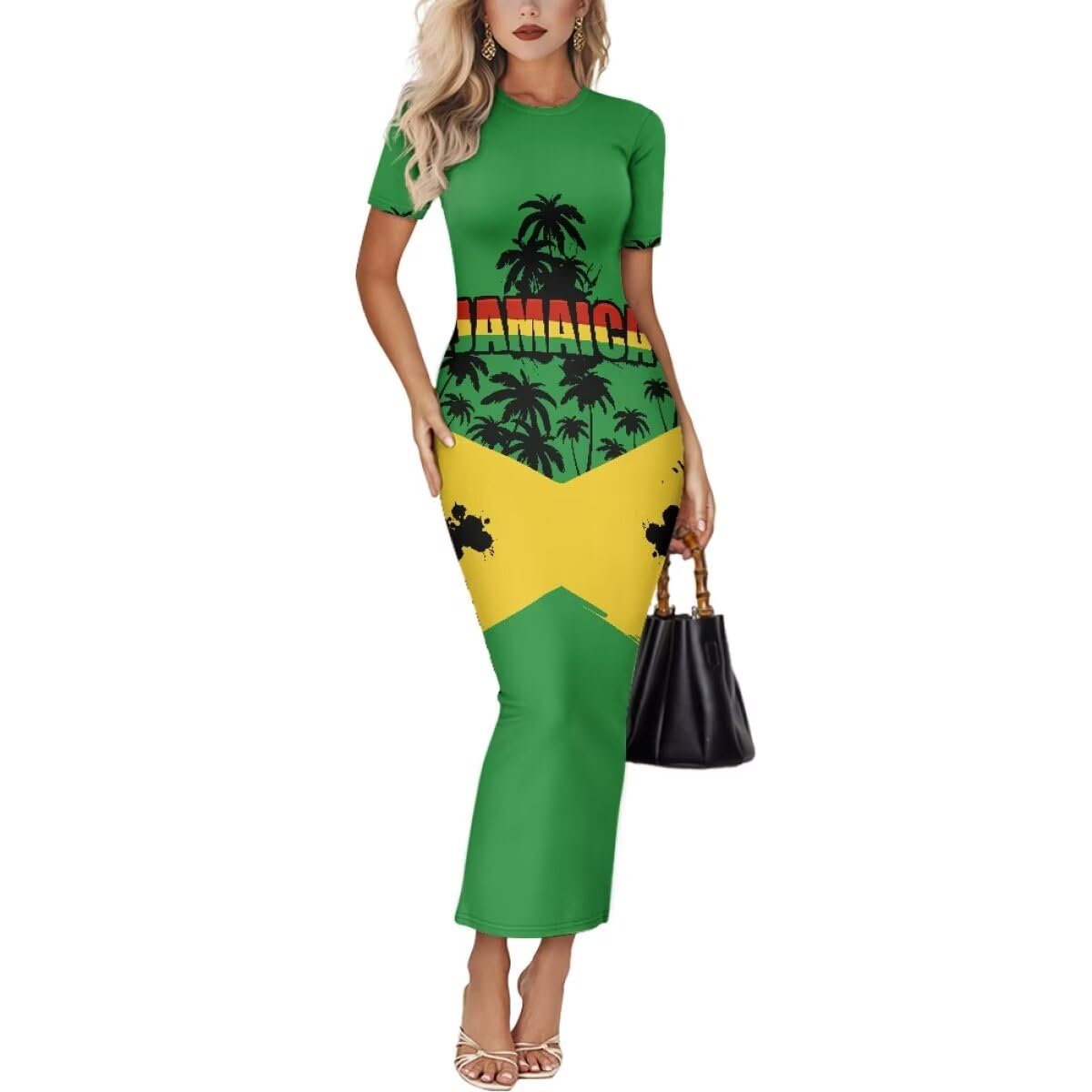 Womens Short Sleeve Jamaican Flag Midi Bodycon Dress