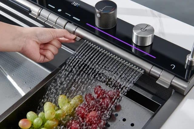 Image of X-XONIER 304 Single Bowl Kitchen Sink SS 304 Glass top Tempurature Display Multipurpose Multifunction 3 Mode Tap with Pulldown Feature Soap Dispenser Gla With 2 Tray