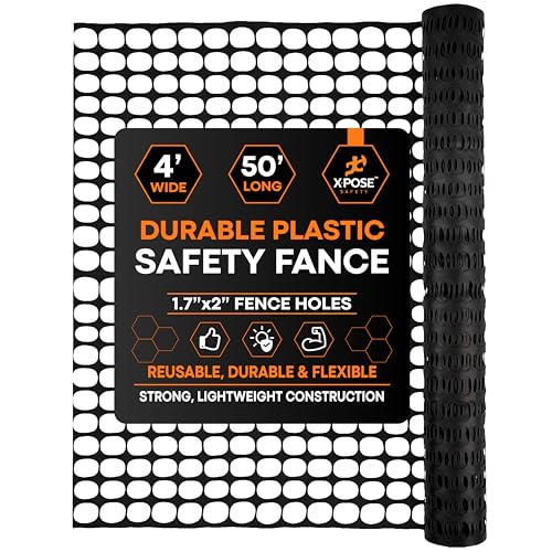Image of Xpose Safety Plastic Mesh Safety Fence - Heavy Duty Black Temporary Garden Fence & Snow Fence, 4' x 50' Reusable Barrier Netting for Animal Control, Deer, Dogs, Construction