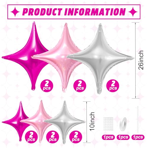 Image of Pink Silver Star Balloons,12Pcs Four Angle Star Foil Balloons