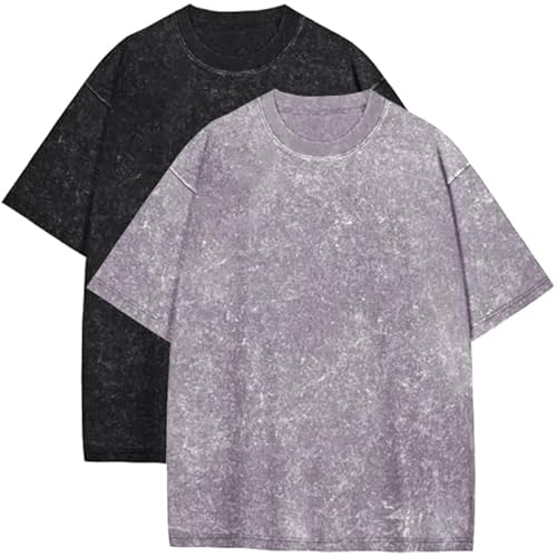 rosemia Oversized Tshirts for Men Vintage Short Sleeve Shirts Acid Wash Basic Tees, 2 Pcs, Black Grey, S