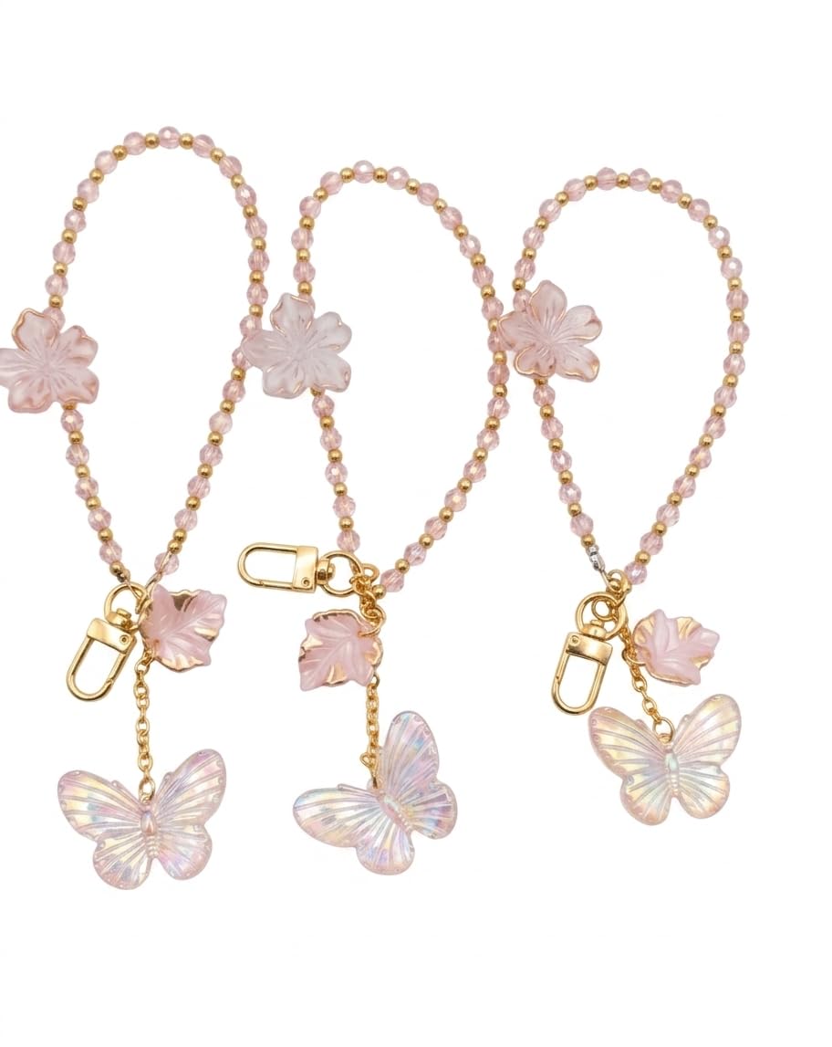 Pink Beaded Phone Charm Strap with Iridescent Butterfly and Floral Pendants, Gold Accents-image-28