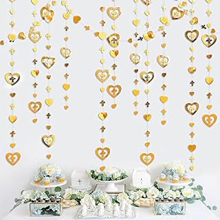 40 Ft Gold 3D Cross Heart Garlands Hanging Paper Streamer for First Holy Communion Religious Christian Baptism Wedding Bridal Baby Shower Birthday Anniversary Engagement Party Decorations