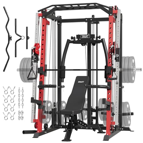SPART Workout Station Angled Smith Machine with Bench,Cage System-Home Gym Multifunction Rack,Workout Equipment with Smithe Bar, LAT Pull-Down Systems, Cable Crossover Machine and Cable Attachment