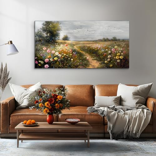 SERIMINO Large Wall Art for Living Room, Countryside Path Landscape Wall Decor, Wildflowers Meadow Canvas Prints, Natural Scenery Modern Pictures Home Decor Farmhouse Kitchen Dining Room 24"X48"