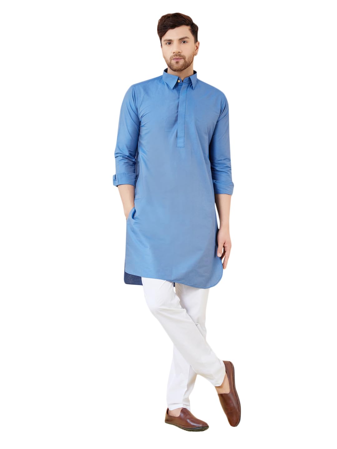 See Designs Men Blue Cotton Solid Spread Collar Curved Hem Side Slit Full Sleeve Pathani Kurta With Pyjama - Bnrskt61001Xl