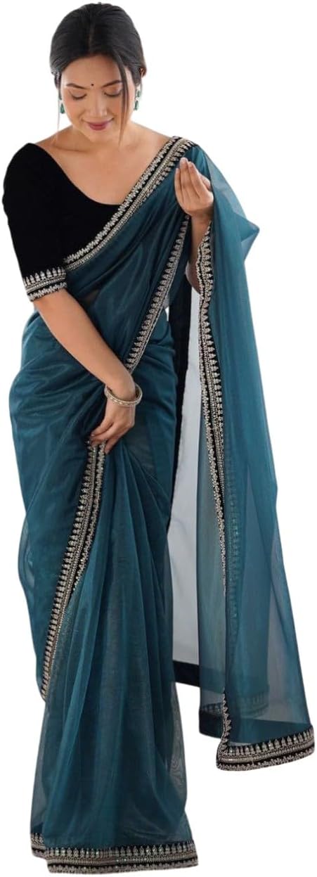 Indian Wedding Organza Saree with Embroidered Border, Elegant Party Festive Wear,