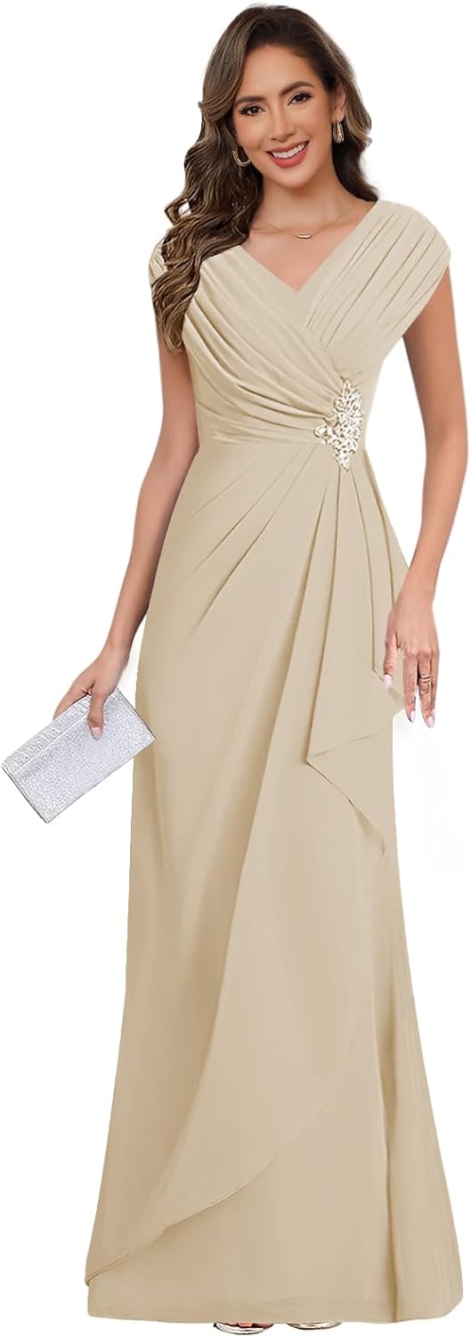 FUMY Cap Sleeves V Neck Mother of The Bride Dresses for Women Pleated Chiffon Wedding Guest Dress FM008