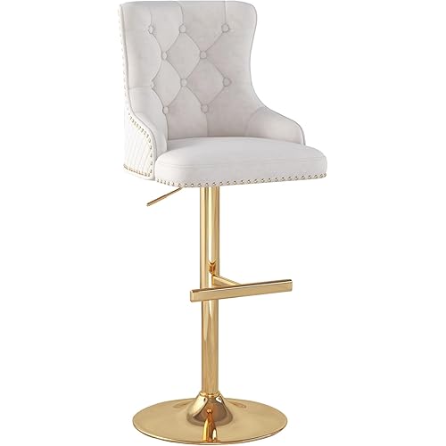 Velvet Bar Stool Single Golden Lion Pull Ring Swivel Chair for Kitchen Counter Nailhead Upholstered Barstools Height Adjustable Barstools with Gold Metal Base for Dining Room Kitchen Beige
